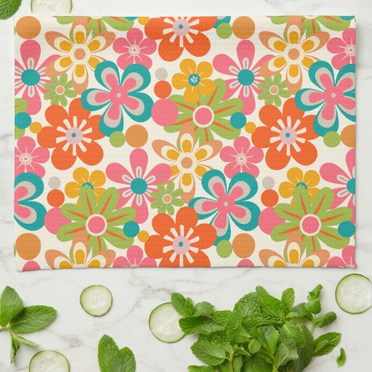 Bold Bright Retro Abstract Flower Pattern Theedoek (Gevouwen)