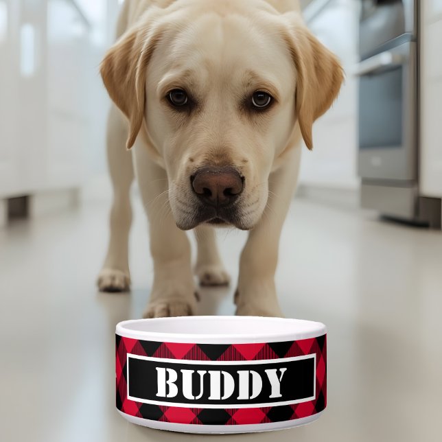 Bold Buffalo Red Black Plaid Pattern Name Dog Voerbakje (Creator heeft geüpload)