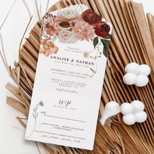 Bold Burgundy Bohemian Floral Wedding All In One Uitnodiging