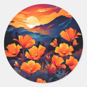 Bold California Poppy met vurige zonsondergang Ronde Sticker