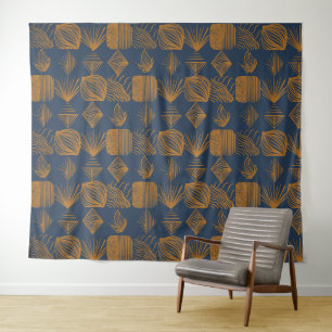 Bold Caribbean Tribal Mudcloth: Navy Blue, Goud Wandkleed