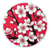 Bold Cherry Blossom Illustration on Red Keramische Knop (Voorkant)