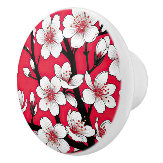 Bold Cherry Blossom Illustration on Red Keramische Knop