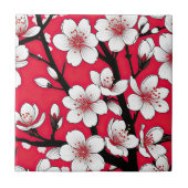 Bold Cherry Blossom Illustration on Red Tegeltje (Voorkant)