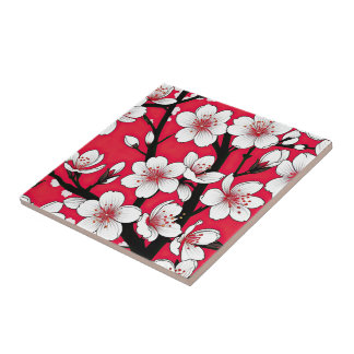 Bold Cherry Blossom Illustration on Red Tegeltje