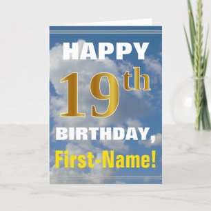 Bold, Cloudy Sky, Faux Gold 19th Birthday + Name Kaart