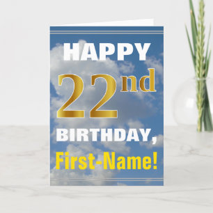 Bold, Cloudy Sky, Faux Gold 22nd Birthday + Name Kaart