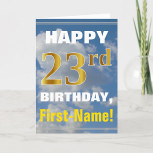 Bold, Cloudy Sky, Faux Gold 23rd Birthday + Name Kaart