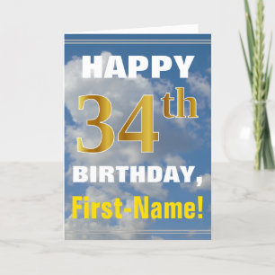 Bold, Cloudy Sky, Faux Gold 34th Birthday + Name Kaart