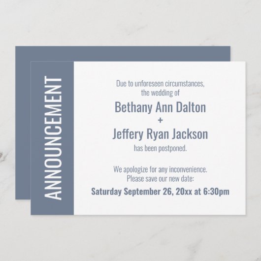 Bold Dusty Blue Uitgestelde bruiloft aankondiging (Voorkant / Achterkant)