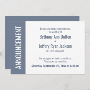 Bold Dusty Blue Uitgestelde bruiloft aankondiging