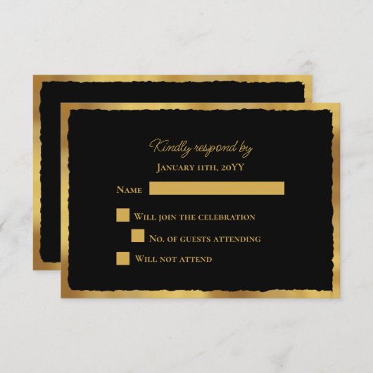 Bold Elegance Luxe Gold Edge Black Wedding RSVP (Devant / Derrière)
