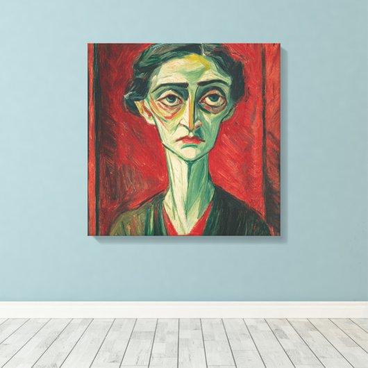 Bold Expressionist Portrait in Red and Green Canvas Afdruk (Insitu (Houten vloer))
