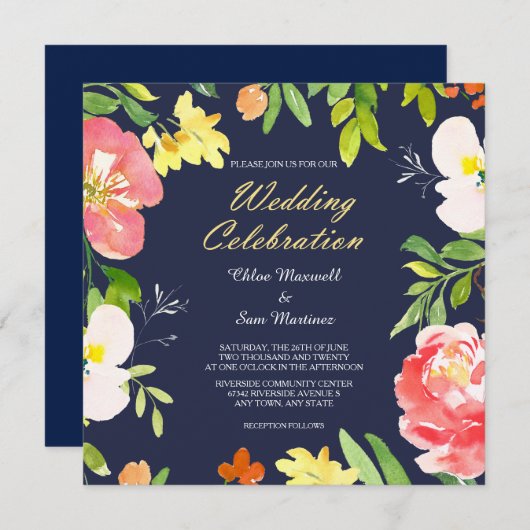 Bold Floral Border on Navy Blue Wedding Invitation Kaart (Voorkant / Achterkant)