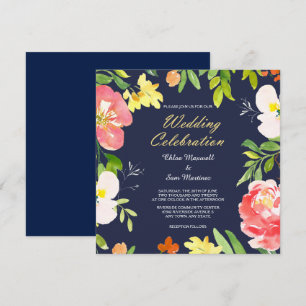 Bold Floral Border on Navy Blue Wedding Invitation Kaart