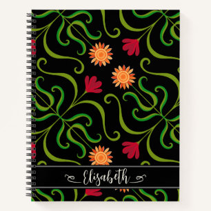 Bold Floral Damask Sunflower Boho Black Folk Art Notitieboek