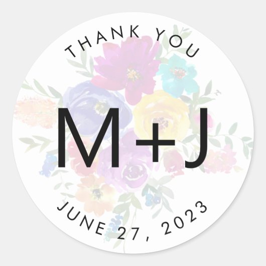 Bold Floral Overlay Monogram Weddenschap Bedankt Ronde Sticker (Voorkant)