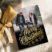 Bold Gold Snowflakes Script Merry Christmas Photo Folie Feestdagenkaart