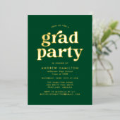 Bold Green en Gold Photo Graduparty Folie Uitnodiging (Staand Voorkant)