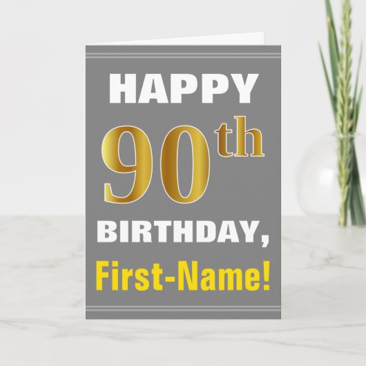 Bold, Grey, Faux Gold 90e anniversaire avec carte (Devant)