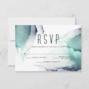 Bold Jade en Navy Blue Modern Fluid Ink RSVP Kaartje