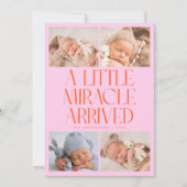 Bold Little Miracle Xmas Orange Pink Photo Birth Aankondiging (Voorkant)