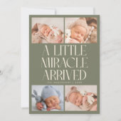 Bold Little Miracle Xmas Sage Green Photo Birth Aankondiging (Voorkant)