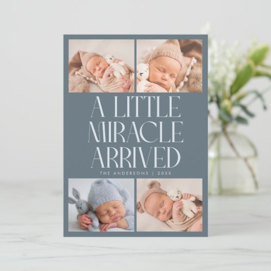 Bold Little Miracle Xmas Slate Blue Photo Birth Aankondiging (Staand voorkant)