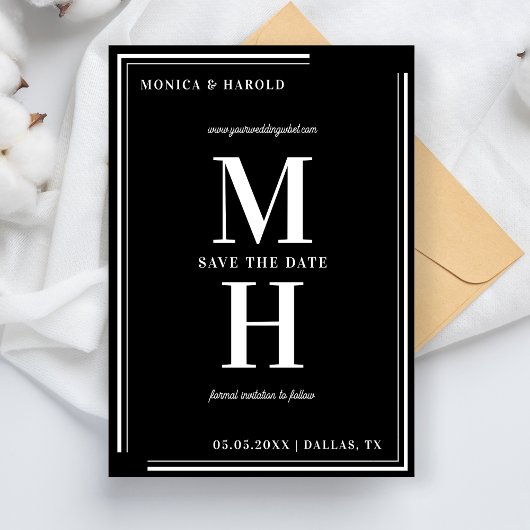 Bold Minimalist Monogram zwart-wit bruiloft Save The Date