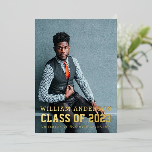 Bold Minimalist Photo Navy Blue Graduparty Folie Uitnodiging (Staand Voorkant)