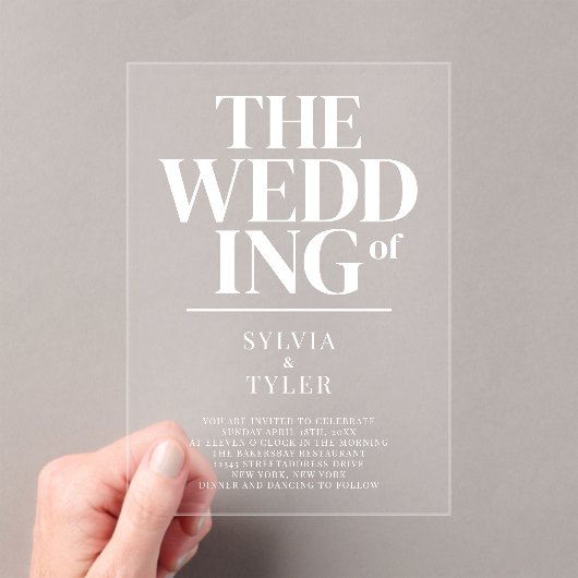 Bold Minimalist Typography Wedding Acryl Uitnodigingen (Insitu (Draagbaar))