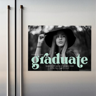 Bold Mint Green Typografie Foto Afstuderen Magnetische Uitnodiging