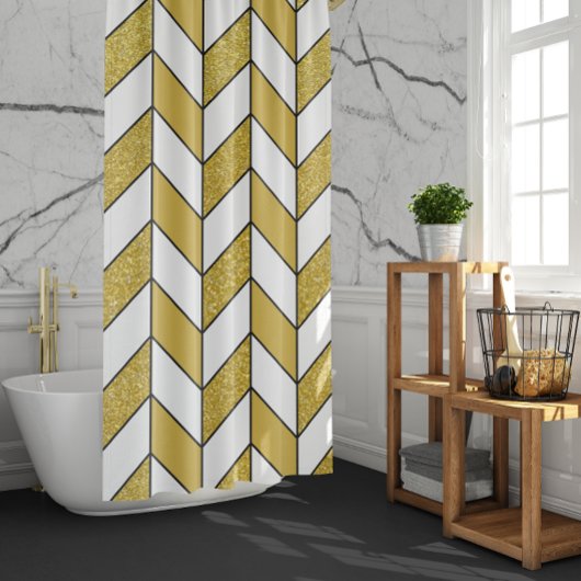 Bold Modern Gold Glitter Herringbone Chevron Douchegordijn
