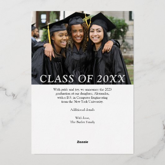 Bold Modern Navy Photo Class of 2023 Afstuderen Folie Uitnodiging (Achterkant)