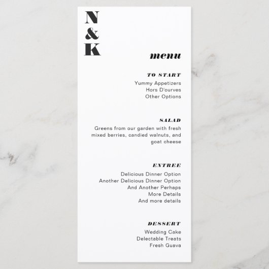 Bold Monogram Black en White Wedding Menu (Voorkant)