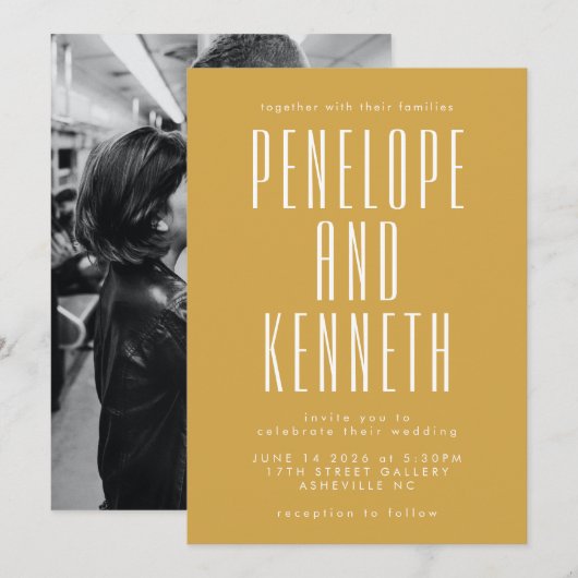 Bold Names Retro Typography Yellow Photo Weddensch Kaart (Voorkant / Achterkant)