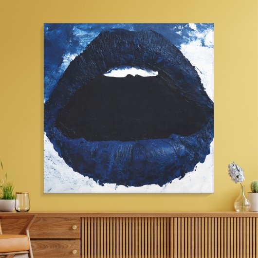 Bold Navy Blue Abstract Lips Impasto Pop Art Canvas Afdruk (Insitu (Woonkamer))