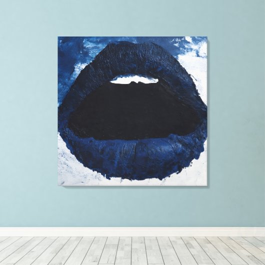 Bold Navy Blue Abstract Lips Impasto Pop Art Canvas Afdruk (Insitu (Houten vloer))
