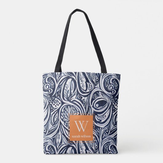 Bold Navy Rust Abstract Classy Botanical Monogram Draagtas (Achterkant)