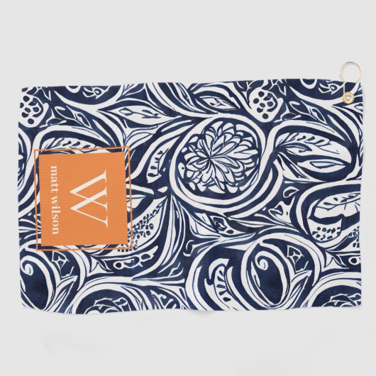 Bold Navy Rust Abstract Classy Botanical Monogram Golfhanddoek (Horizontaal)