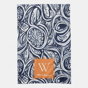 Bold Navy Rust Abstract Classy Botanical Monogram Theedoek
