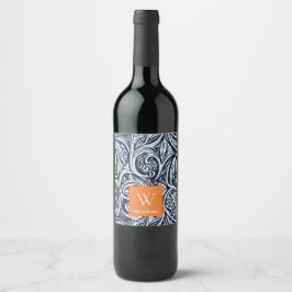 Bold Navy Rust Abstract Classy Botanical Monogram Wijn Etiket