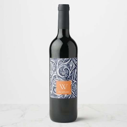 Bold Navy Rust Abstract Classy Botanical Monogram Wijn Etiket (Voorkant)