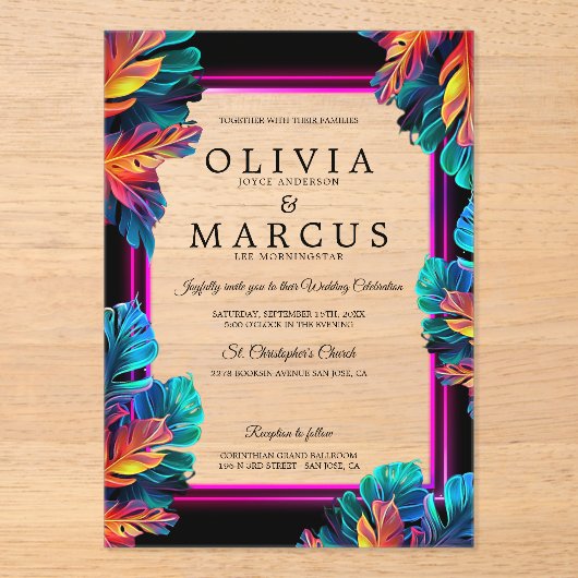 Bold Neon Foliage Acrylic Invitation Acryl Uitnodigingen (Voorkant)