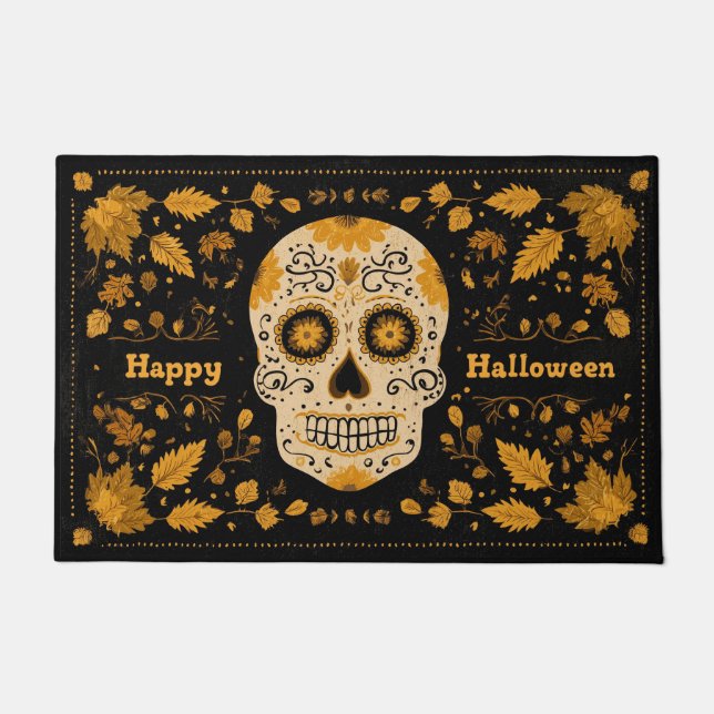 Bold Orange Happy Halloween Skull Deurmat (Voorkant)