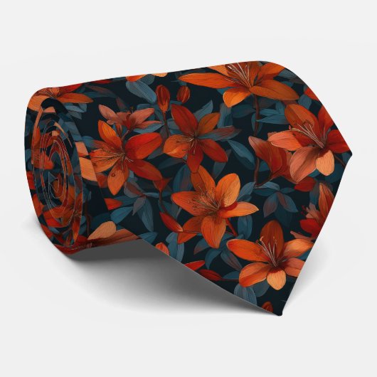 Bold Orange Lily Floral Pattern on Dark Stropdas (Opgerold)