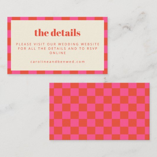 Bold Pink en Oranje checkboard bruiloft Website Informatiekaartje (Voorkant / Achterkant)