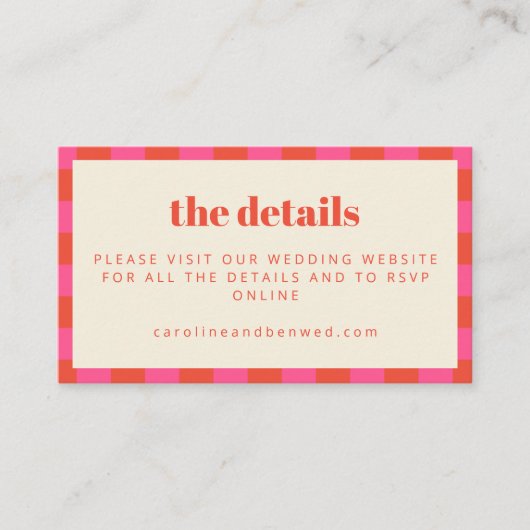 Bold Pink en Oranje checkboard bruiloft Website Informatiekaartje (Voorkant)