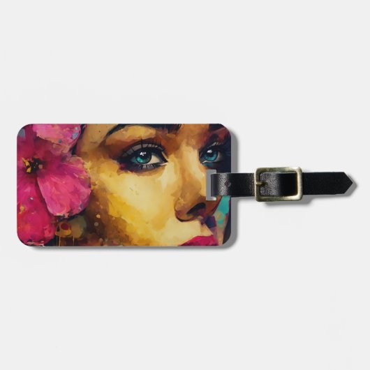 Bold Pink Hibiscus en vrouw Abstract Portret Bagagelabel (Voorkant horizontaal)