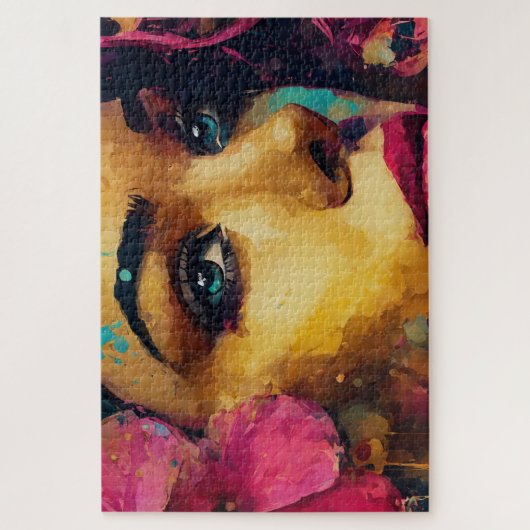 Bold Pink Hibiscus en vrouw Abstract Portret Legpuzzel (Verticaal)